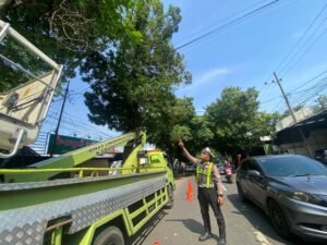 Antisipasi Pohon Tumbang Saat Hujan Kanit Kamsel Satlantas Polres Kediri Lakukan Pemangkasan Dahan Pohon di Jalur Hijau Bersama DLHK