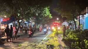 Quick Respon Personel Sat Samapta Bantu Evakuasi Pengendara Sepeda Motor Yang Tertimpa Pohon Di Bandar